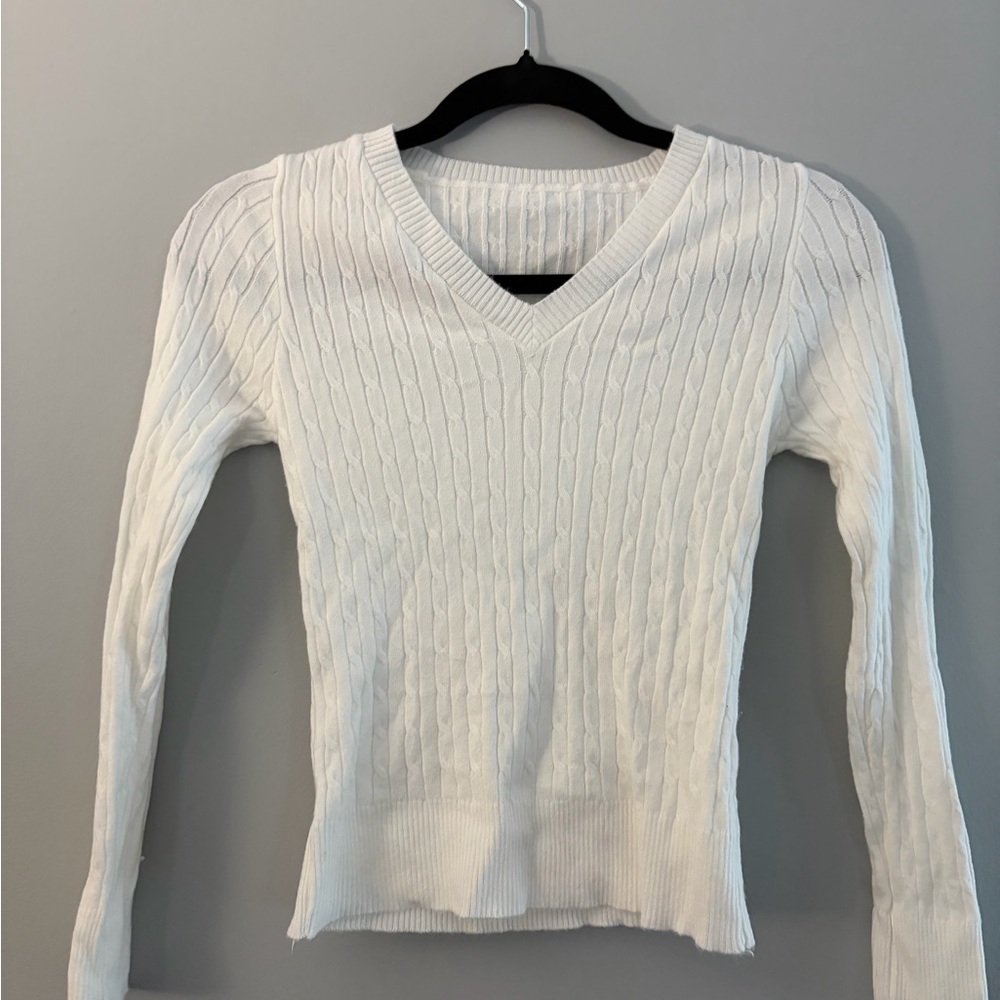 White V-Neck Cable Knit Sweater